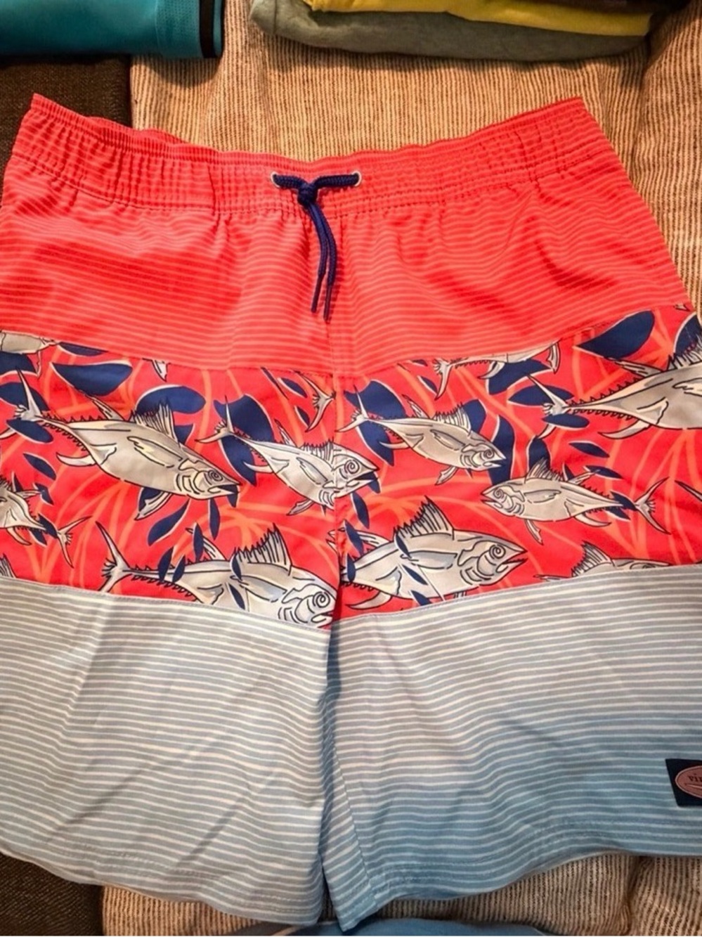 Vineyard Vines Kids Coral & Blue Fish Print Swim Trunks